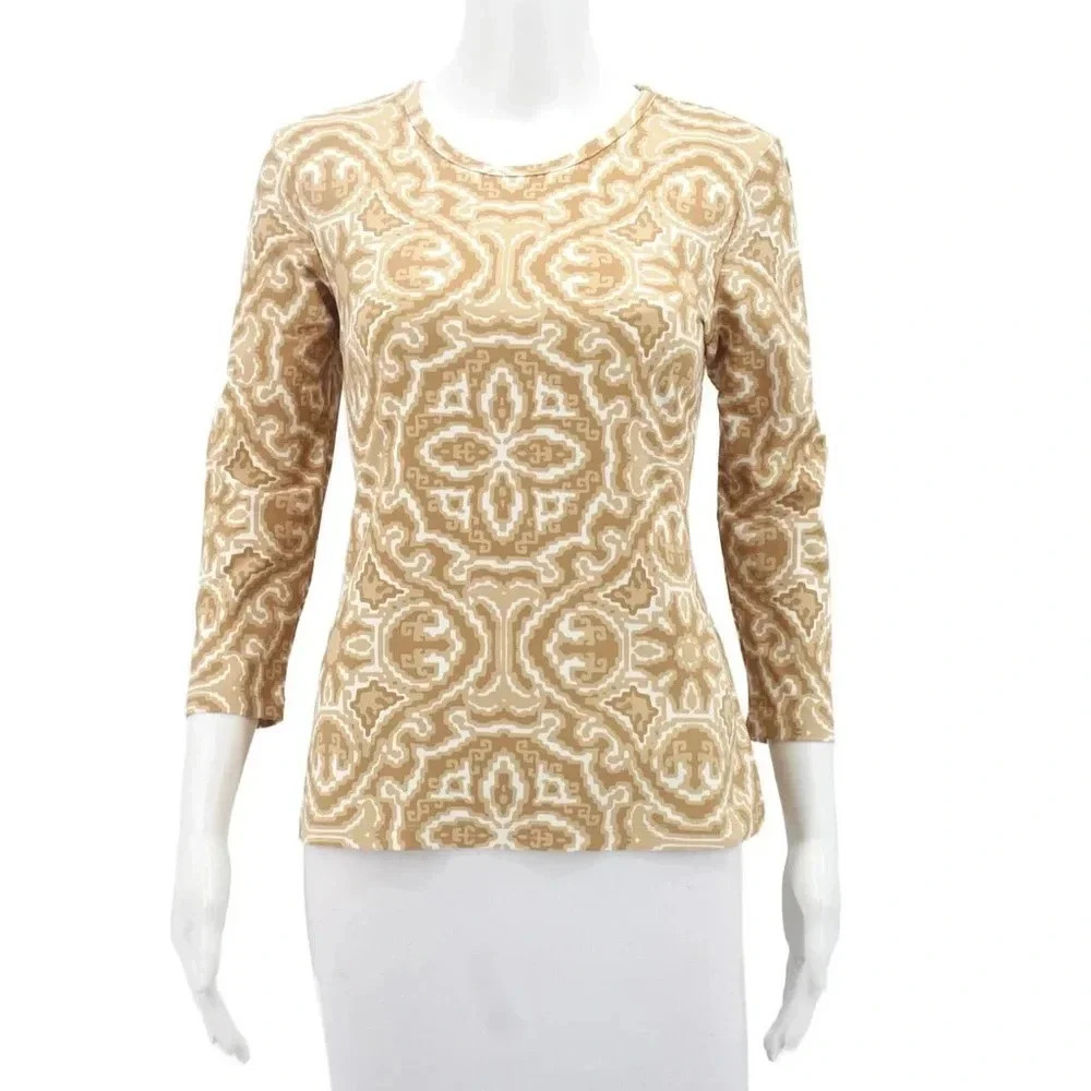 J. McLaughlin Tan and Cream Patterned Long Sleeve Top